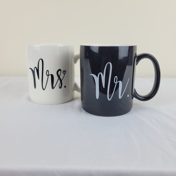 Mr &Mrs mug set Wedding Marriage Gift coffee Cup Black White Bridal His Hers 90s - Picture 4 of 16